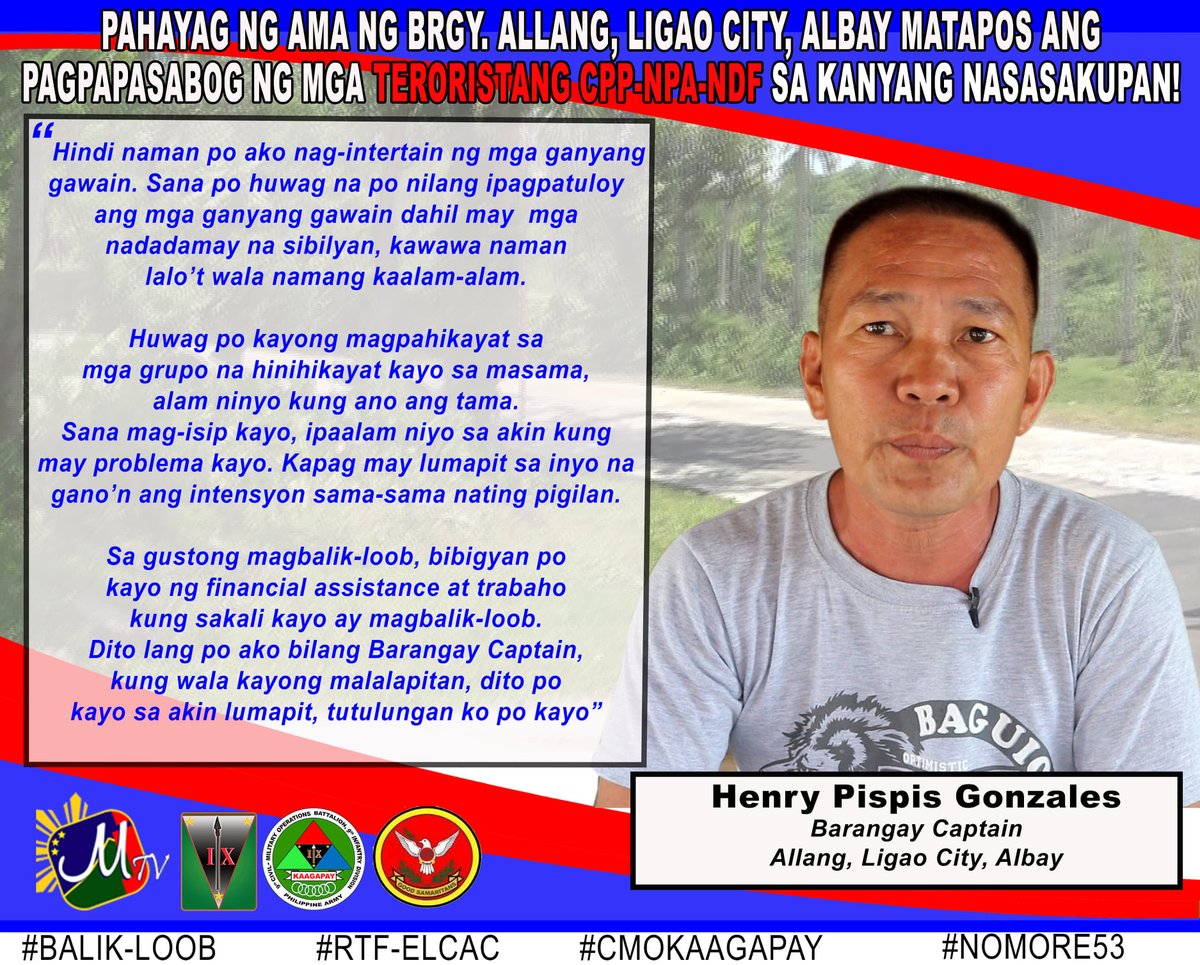 PAHAYAG NG AMA NG BRGY. ALLANG, LIGAO CITY, ALBAY MATAPOS ANG
PAGPAPASABOG NG MGA TERORISTANG CPP-NPA-NDF SA KANYANG NASASAKUPAN!

#Balik-loob
#RTF-ELCAC
#cmokaagapay