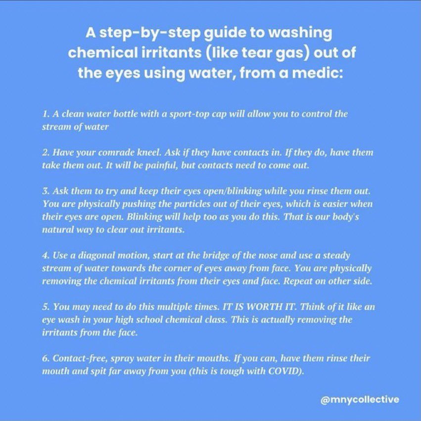 For those in Brooklyn Center right now, keep your people close & stay vigilant. An unlawful assembly & dispersal order has been declared, ready to 'make arrests” soon NLG #: (612-444-2654) Bail: @MNFreedomFund If mace / tear gas deployed: guide for washing out eyes with water