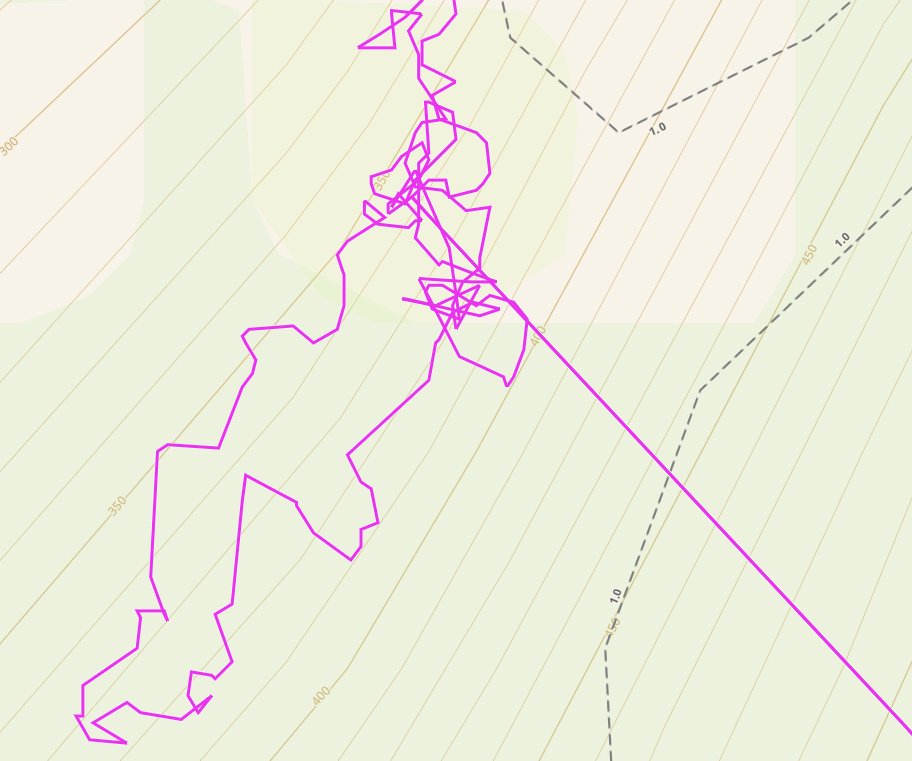 Right near the top we come across this face and the track gets really unreliable. I suspect multipath errors but I can't be certain.Multipath is when the GPS signal "bounces" off a large flat surface, giving the receiver two signals to choose from, one slightly slower.