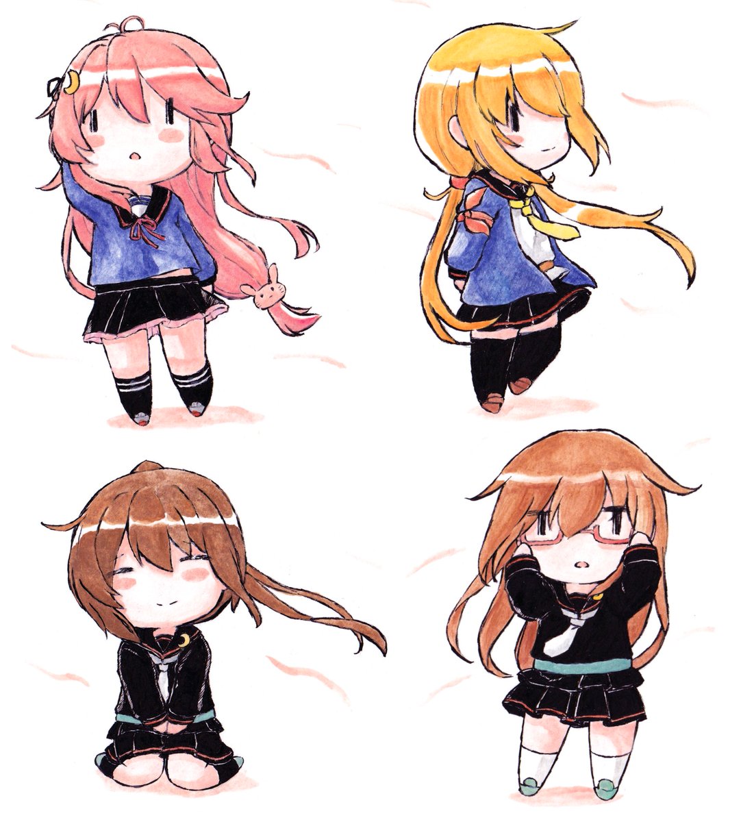 fumizuki (kancolle) ,mochizuki (kancolle) ,satsuki (kancolle) ,uzuki (kancolle) multiple girls long hair brown hair school uniform serafuku skirt pink hair  illustration images