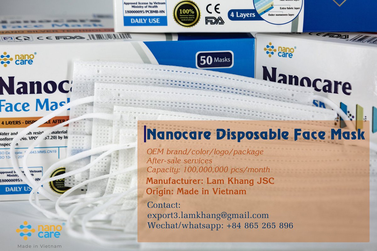 LamJoint's tweet photo. Nanocare disposable f ace ma sk 
Manufacturer: Lam Khang General Joint Stock Company
Address: Hoang Mai District, Hanoi City, Vietnam
#nanocare #lamkhangjsc #disposablefacemask #manufacturerdispo sablefa cema sk #madeinvietnam 
Export3.lamkhang@gmail.com
Wechat: +84 865 265 896 https://t.co/WM1qdznVrZ