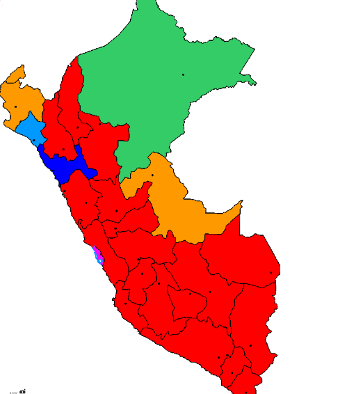 Jh_Rosales's tweet photo. El mapa que nos dejan las #EleccionesBicentenario de acuerdo con el estudio de Ipsos Perú a boca de urna.

Rojo: Castillo
Naranja: Fujimori
Azul: Acuña
Celeste: López Aliaga
Verde: Forsyth
Rosado: De Soto https://t.co/ba9QV6fLoA