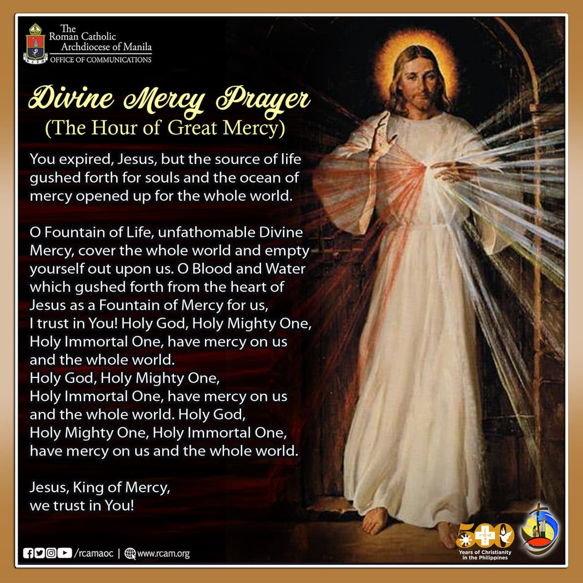 Rcamaoc On Twitter Divine Mercy Prayer 3 O Clock Prayer 500yearsofchristianity 500yocmanila Wegiveouryes Giftedtogive Archdioceseofmanila Yearofsaintjoseph Sanfelipeneriparish Rcamaoc Divinemercyprayer Https T Co Sg5vl8azn7 Twitter