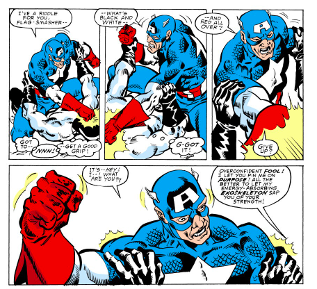 Next he goes off half-cocked and got his butt kicked by Flag-Smasher, who held him captive and would only exchange him for the real Captain America. He even took Cap's shield from him.