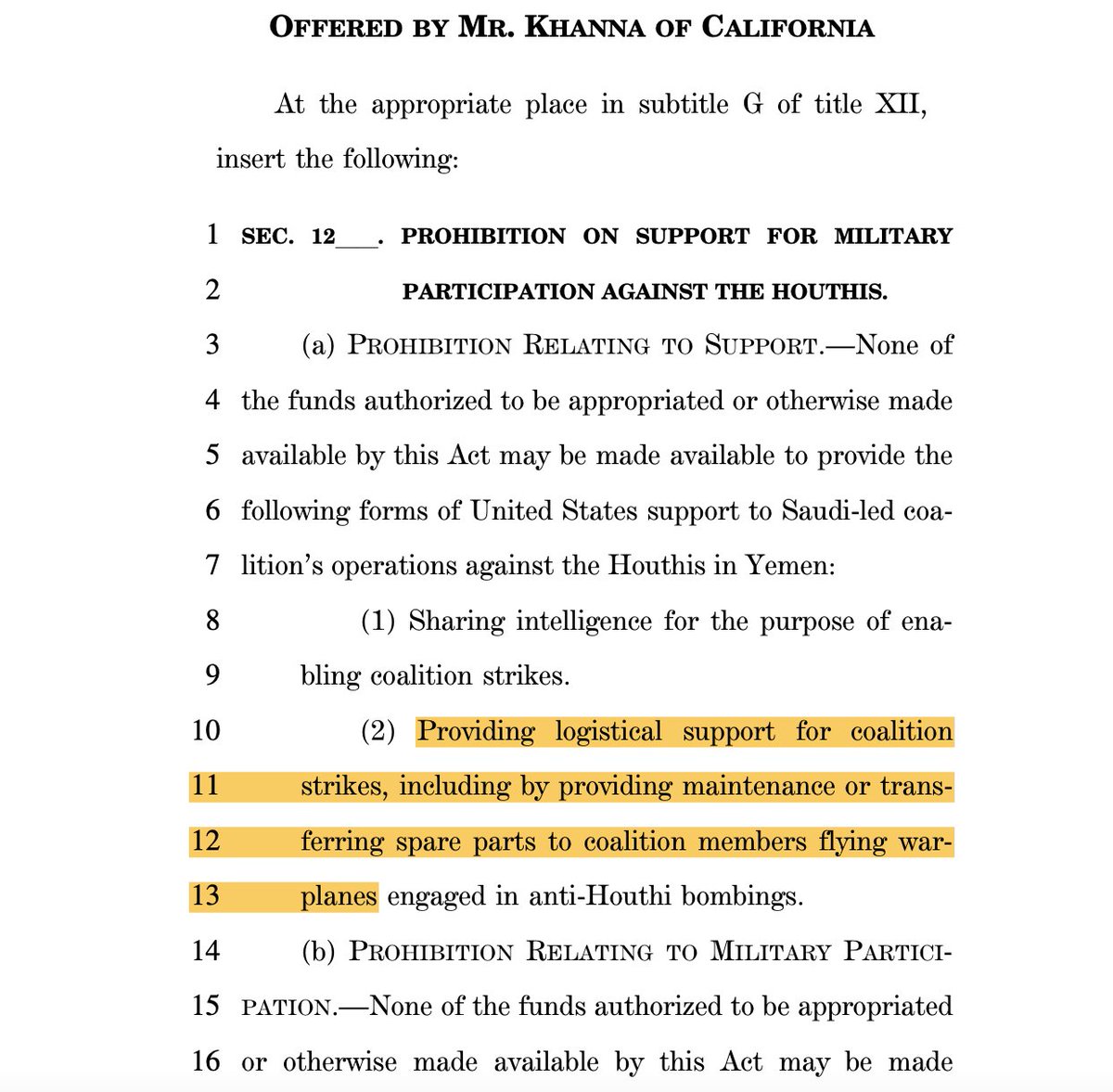 In addition to the 2019 War Powers Resolution to end illegal participation in Saudi hostilities, the House passed an NDAA amendment by 240-185, specifically cutting logistics, maintenance, and spare parts for Saudi warplanes which currently help enforce the aerial blockade: 22/x