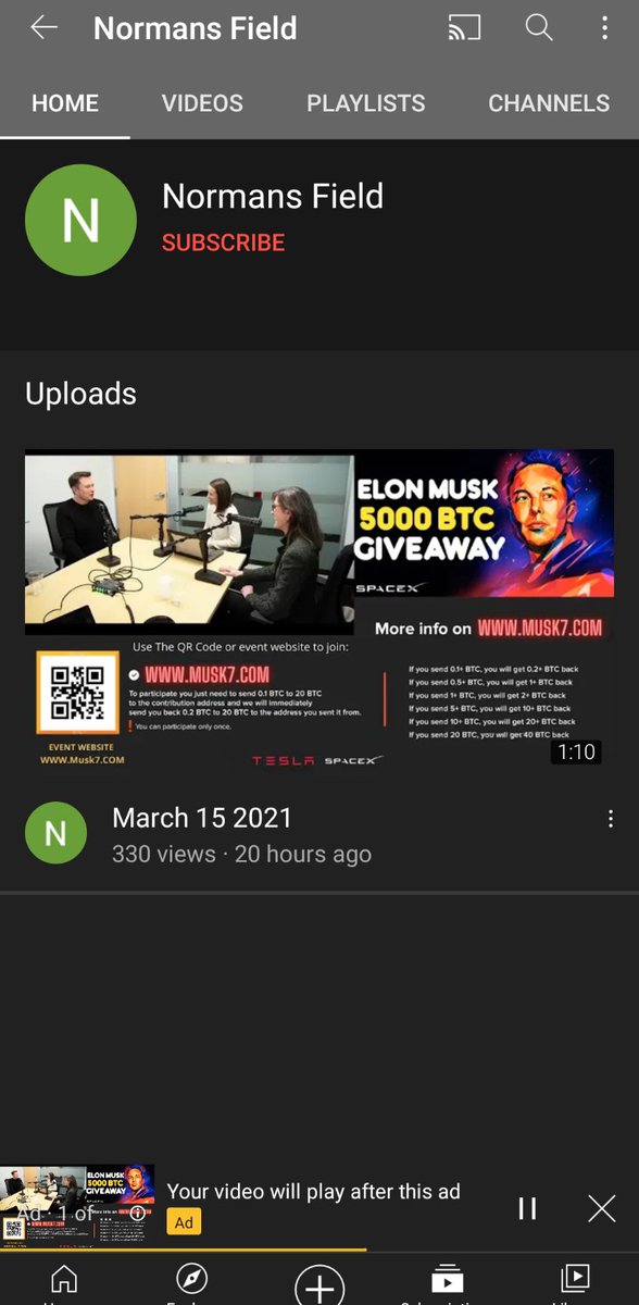 CryptoZeroCooL's tweet photo. #DontGetScammed
@CryptosR_Us #Scam #Ad plays during your video. @TeamYouTube #takedown the ad. $BTC #Bitcoin #Crypto #cryptocurrency @elonmusk @Tesla #fake #giveaway @CryptoPhishing https://t.co/kZm5xIYa3F