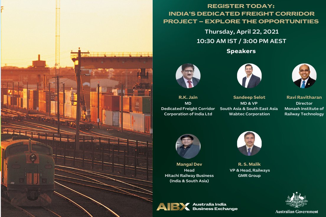 Join us for first of three in the 🇦🇺-🇮🇳 #rail webinar series. The #webinar would provide insights on #India’s Dedicated #Freight Corridor (DFC) project, potential opportunities therein, and #Australian capabilities in heavy haul rail. Register at: bit.ly/39Rhaur #aibx