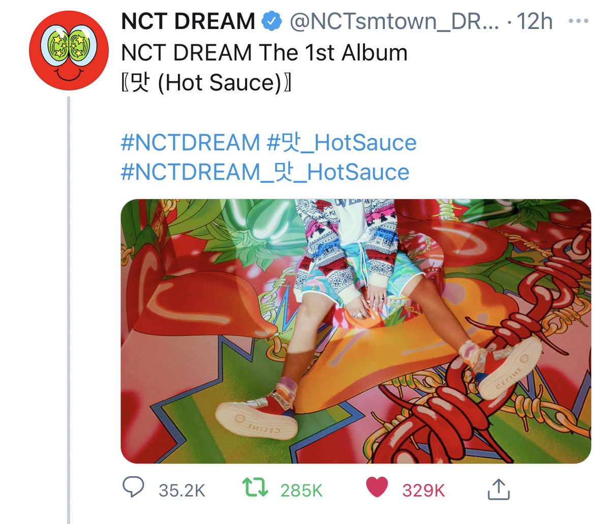 in just over 12 hours, nct dream have surpassed the number of likes for resonance pt 2, making 맛 (Hot Sauce) the most liked comeback announcement tweet for the nct brand