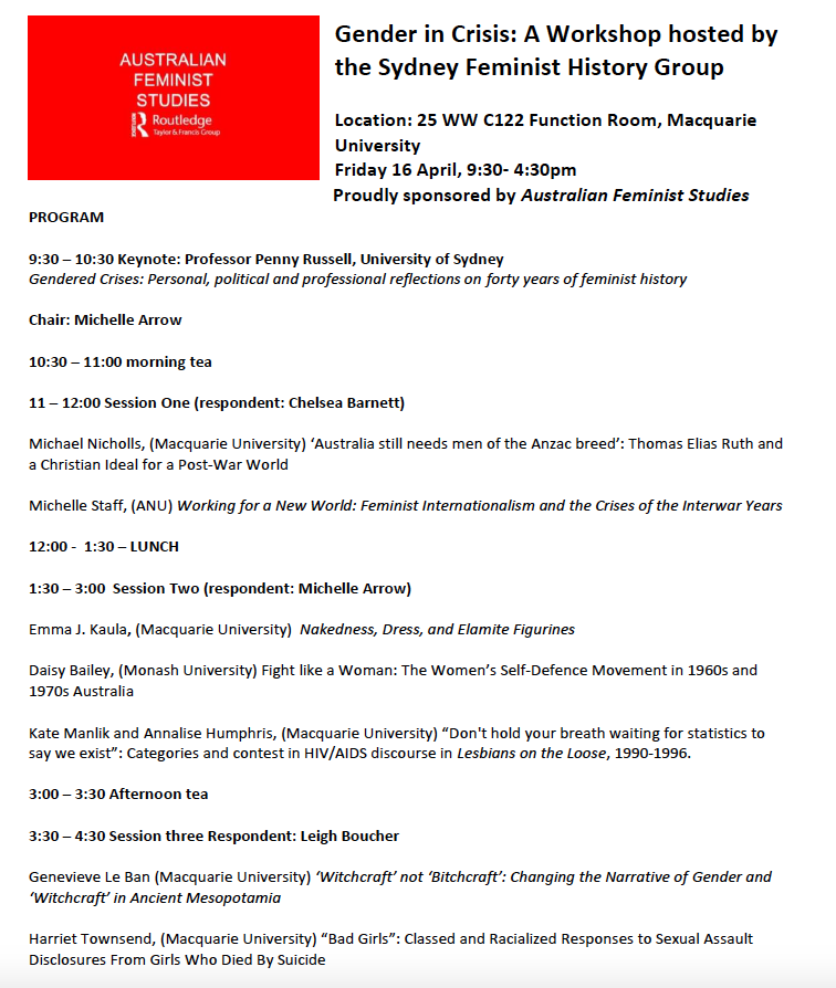 There are still a few in-person places left for our 'Gender in Crisis' HDR workshop this Friday 16th April (@ MQ Uni), and you can also zoom in for Prof Penny Russell's keynote  'Gendered Crises'. DM for zoom link and/or RSVPs - and thanks to <a href="/AFSJournal/">AFS Journal</a> for sponsorship!