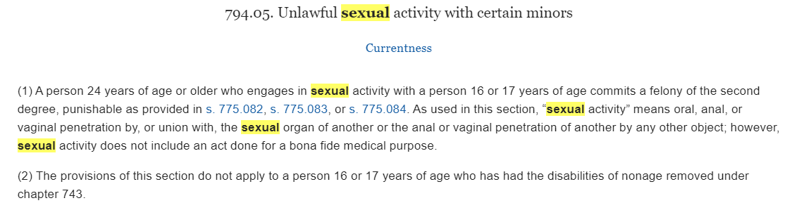 The age of consent in FL is 18. The girl is alleged to have been 17, so statutory rape is possible, if it TOOK PLACE IN FL. FL has an age floor, 24, so if Gaetz had sex with a 17 yo, in FL, that's "unlawful sexual activity" with a minor.