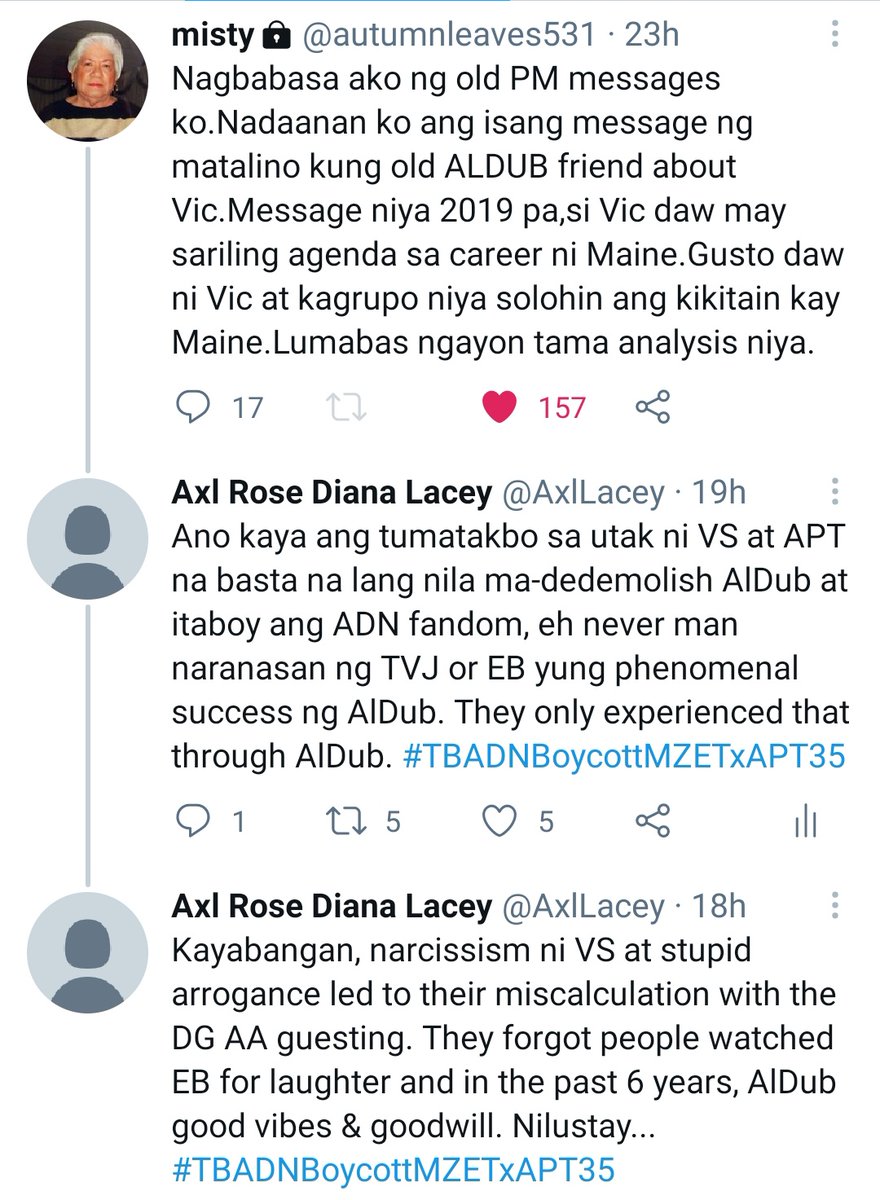  https://twitter.com/AxlLacey/status/1381163689395449858?s=19 A great point made by  @autumnleaves531 on the talent management of Maine. Is it right to tie the management of a star's career to that of another star (VS) who's already old and won't be soon, thereby boxing & limiting her career?  #TBADNBoycottMZETxAPT36