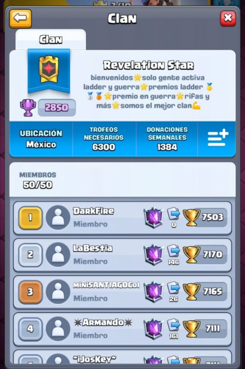 Revelation Star (@_revelationstar) on Twitter photo Buscamos gente activa ladder y guerra para nuestros clanes, ofrecemos premios ladder 1-5 lugar, mínimo 15 días de permanencia y atacar en guerra..todos son bienvenidos Buscamos gente activa ladder y guerra para nuestros clanes, ofrecemos premios ladder 1-5 lugar, mínimo 15 días de permanencia y atacar en guerra..todos son bienvenidos