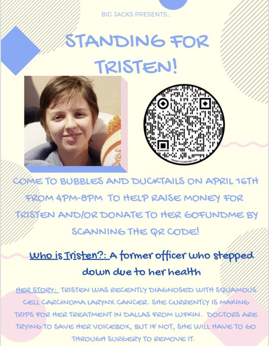 DrivingJacks's tweet photo. @SFABigJacks will be raising money to help a former officer who had to step down due to health concerns.

Read Tristen's story and attend the event taking place at Bubbles and Ducktails on Friday, April 16th there from 4pm-6pm, or donate to her GoFundMe through the QR code! https://t.co/iIu1AGb1nV