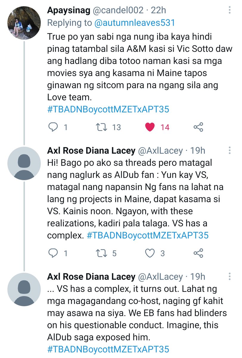  https://twitter.com/candel002/status/1381120738682277892?s=19 Returning to this point coz it bothers me: So if you're a rising star in EB, you'll have to be under the control of VS, who's linked to ABS over his shares & take that or take a hike. Unfair to Maine & Alden, unfair to GMA too.  #TBADNBoycottMZETxAPT36