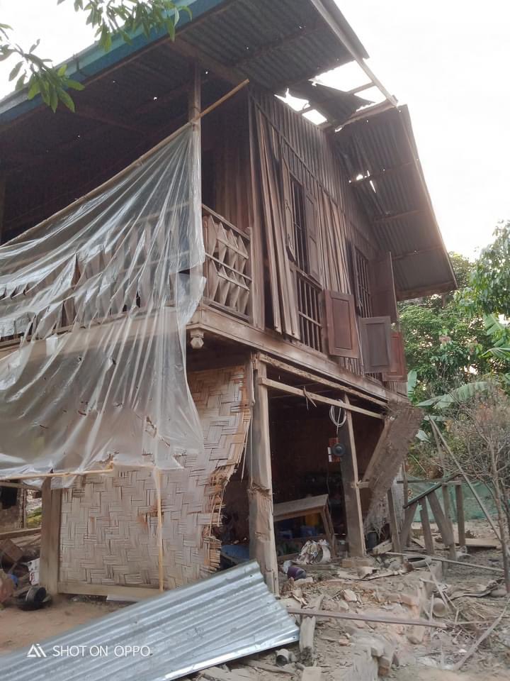 Residential houses were destroyed by  heavy artillery In Myothit near Bamaw township, Kachin State on Monday Morning #WhatsHapppeningInMyanmar
