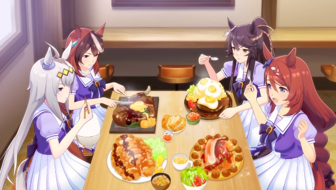 ばいずびず アプリ版ウマ娘opムービーでの食事シーン ウマ娘は競争馬と同等のパワー スピードを持つために 消費されるカロリーを補うために量に個人差はあれど食う時は食うって描写なんだけど スーパークリークが食ってるスパゲティの量がわしが