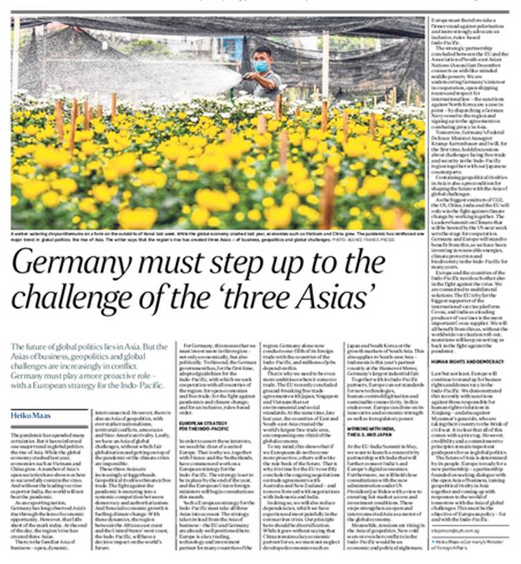 .🇩🇪's Foreign Minister H.Maas explains in today’s Straits Times why we must invest more in the #IndoPacific-not only economically, but also politically. And why we need the clout of a united🇪🇺👉t1p.de/6xp2 (tb) @faehnders @CarolaFrentzen @fazsgp @mpeer  @SandraRatzow