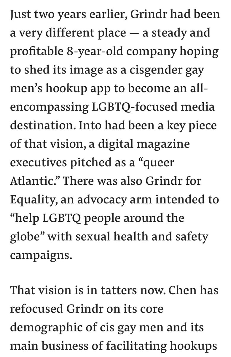 Honestly this piece reminds me of the 2019 BuzzFeed gem contending Grindr made a business strategy error by failing to become a magazine publisher and agent for positive social change. No! Stick to what you’re good at!  https://www.buzzfeednews.com/article/ryanmac/grindr-chinese-owner-company-chaos