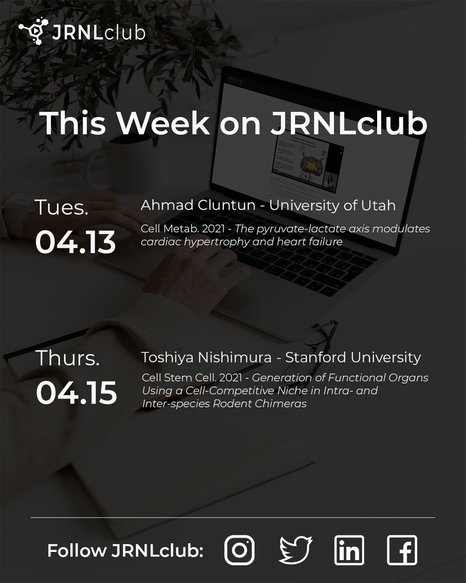 JRNLclub (@jrnlclub) on Twitter photo This week, we're showcasing two great talks from authors:
04.13 Ahmad Cluntun (<a href="/molecularpepsi/">Ahmad A. Cluntun</a>) of <a href="/UUtah/">University of Utah</a>
04.15 Toshiya Nishimura of <a href="/Stanford/">Stanford University</a>
jrnlclub.org/this-weeks This week, we're showcasing two great talks from authors:
04.13 Ahmad Cluntun (<a href="/molecularpepsi/">Ahmad A. Cluntun</a>) of <a href="/UUtah/">University of Utah</a>
04.15 Toshiya Nishimura of <a href="/Stanford/">Stanford University</a>
jrnlclub.org/this-weeks