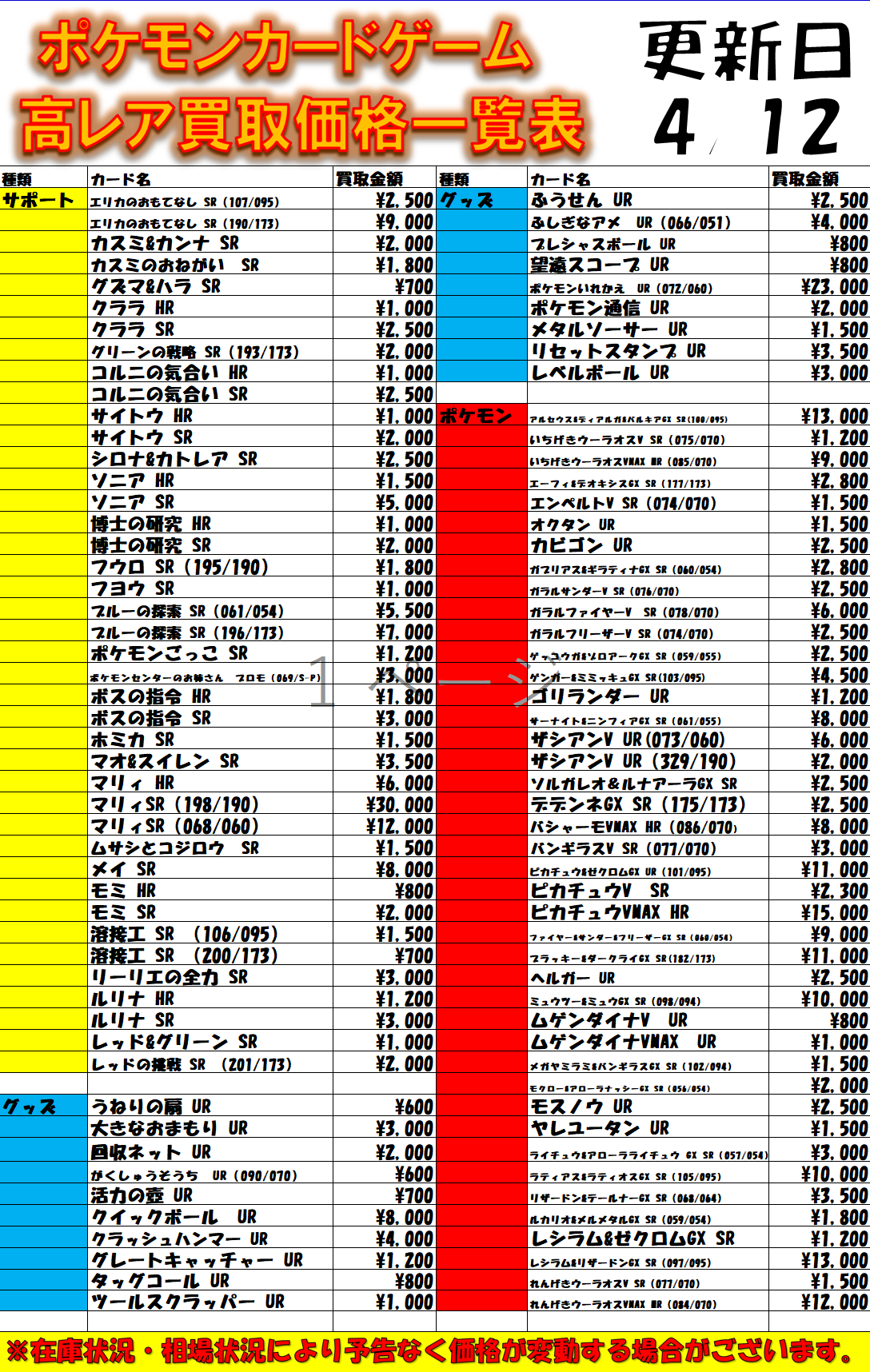 Tcgshop193大須店 ワンピカード高価買取中 No Twitter ポケカ 買取情報 193大須店 ポケモンカードゲーム 高レア買取価格一覧表作成致しました マリィ Sr 198 190 マリィ Sr 068 060 100 クイックボール Ur 8000 レシラム Amp
