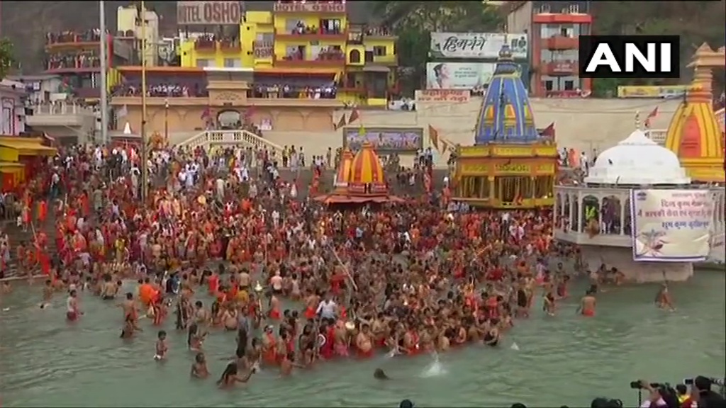 Uttarakhand: Sadhus participate in the second 'shahi snan' of Maha Kumbh at Har Ki Pauri ghat in Haridwar
