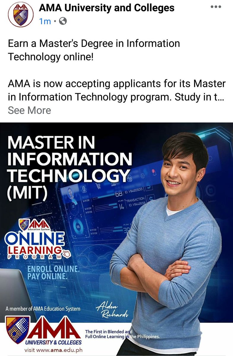 len_cadbury2000's tweet photo. Earn a Master's Degree in Information Technology!
#AMAOnlineLearning
#AldenRichards
https://t.co/H0QbOiko9q https://t.co/KQM5u9Xyp8