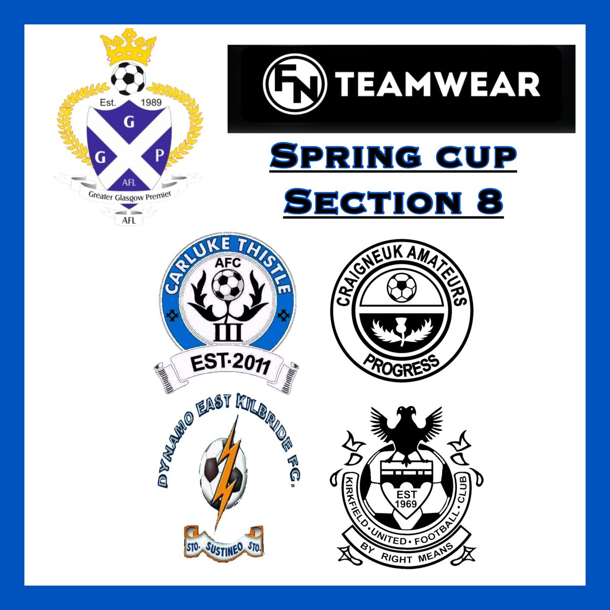Carluke Thistle AFC (@carlukethistle1) on Twitter photo π΅π GGPAFL Spring Cup π π΅
Over the weekend the <a href="/GGPAFL/">Greater Glasgow Premier AFL</a> have drawn the groups for the Spring Cup sponsored by <a href="/FNTeamwear/">FN Teamwear</a>. We have been drawn against local rivals @KirkfieldAms, <a href="/craigneukafc/">Craigneuk Amateurs FC</a> & <a href="/dynamoek/">dynamoekfcest1969</a>. Fixture dates TBA. Hard task but one we look forward to. #MTT β½οΈ π΅π GGPAFL Spring Cup π π΅
Over the weekend the <a href="/GGPAFL/">Greater Glasgow Premier AFL</a> have drawn the groups for the Spring Cup sponsored by <a href="/FNTeamwear/">FN Teamwear</a>. We have been drawn against local rivals @KirkfieldAms, <a href="/craigneukafc/">Craigneuk Amateurs FC</a> & <a href="/dynamoek/">dynamoekfcest1969</a>. Fixture dates TBA. Hard task but one we look forward to. #MTT β½οΈ