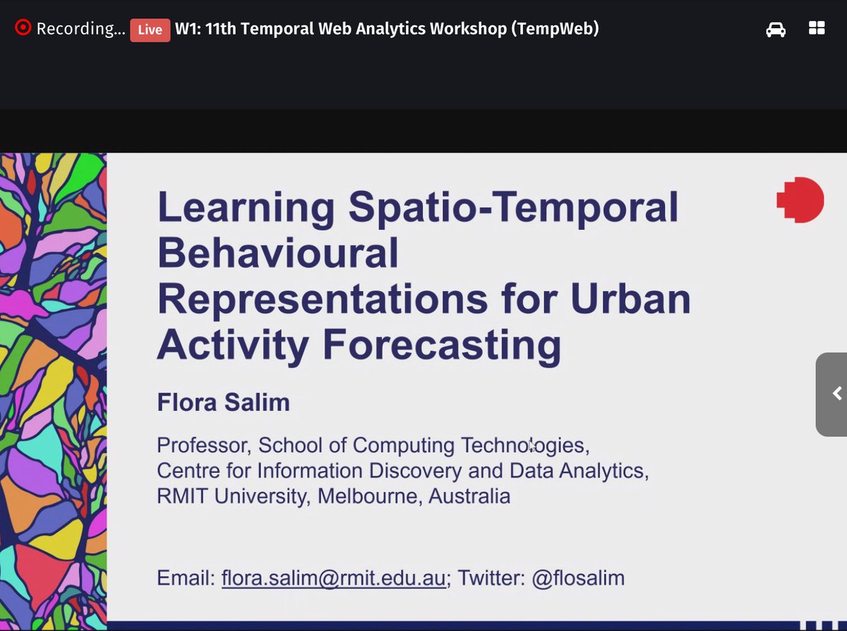 TheWebConf's tweet photo. 11th Temporal Web Analytics Workshop (TempWeb) joined with LocWeb 2021 at The Web Conference 2021, keynote speech of Flora Salim #TheWebConf #WWW21

https://t.co/7EzWNUYdZz https://t.co/DY28WH5xiD