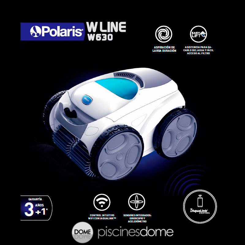 Nueva gama de limpiafondos eléctricos Polaris W 630. Navegación inteligente adaptada a su piscina. Asistencia para sacarlo del agua. Conexión WiFi a través de app con inerfaz intuitiva. Aspiración de larga duración.