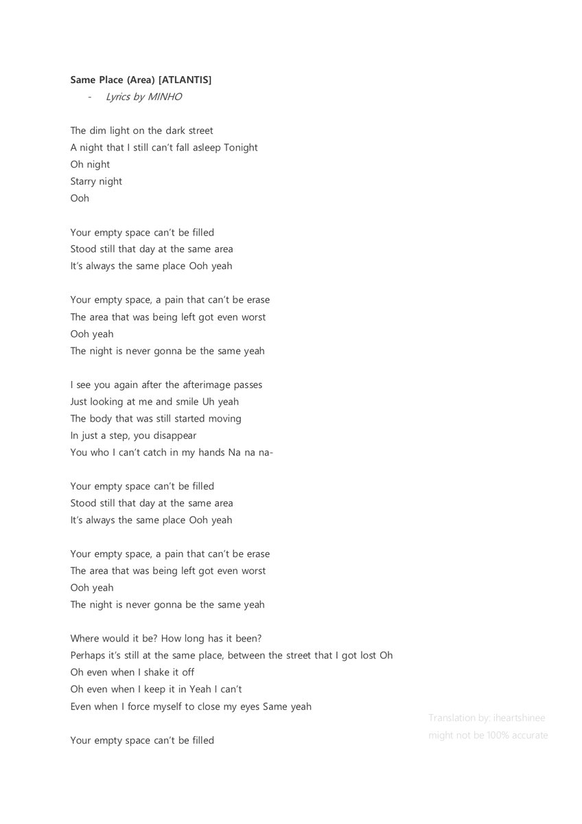 iheartshinee_'s tweet photo. SHINee's 'ATLANTIS' 
'Same Place 같은 자리 (Area)' lyrics translation ♥ 

- lyrics by MINHO 
- may not be 100% accurate

#딥딥_아틀란티스_샤이니
#SHINeeInAtlantis
#SHINee 
@SHINee https://t.co/7QRF1VVASA