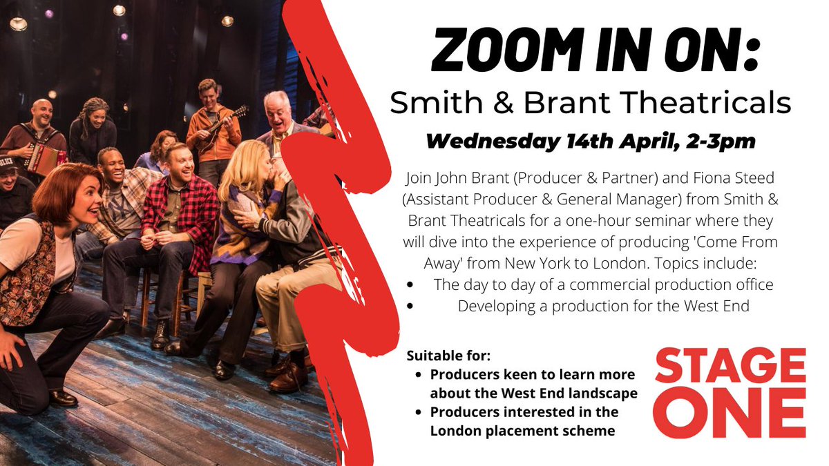 StageOneNewProd's tweet photo. Registration for Zoom In On: Smith &amp; Brant Theatricals @SmithandBrant is now live! Join us on Wednesday, 2-3pm to hear from the team about their roles in the development and general management of @ComeFromAwayUK. --> https://t.co/EVNYNOo4Dr https://t.co/V2c4R9IyLv