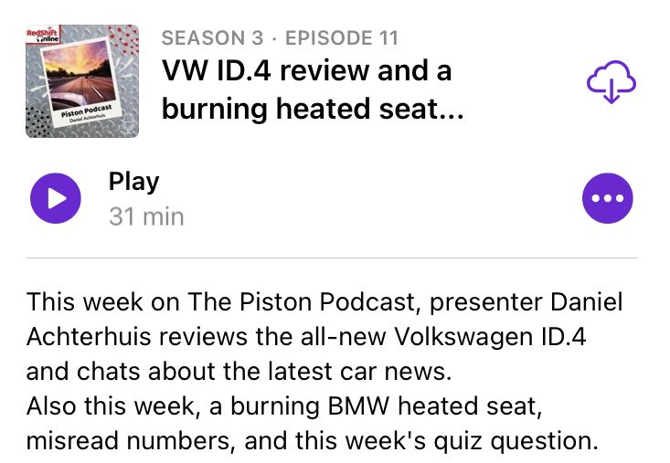 The Piston Podcast (@pistonpodcast) on Twitter photo S3, Ep11 has landed! This week, <a href="/DanielCars05/">Daniel Achterhuis 🚗</a> runs through the latest car news and reviews the all-new Volkswagen ID.4. Also this week, misread numbers and burning heated seats. 👍 S3, Ep11 has landed! This week, <a href="/DanielCars05/">Daniel Achterhuis 🚗</a> runs through the latest car news and reviews the all-new Volkswagen ID.4. Also this week, misread numbers and burning heated seats. 👍