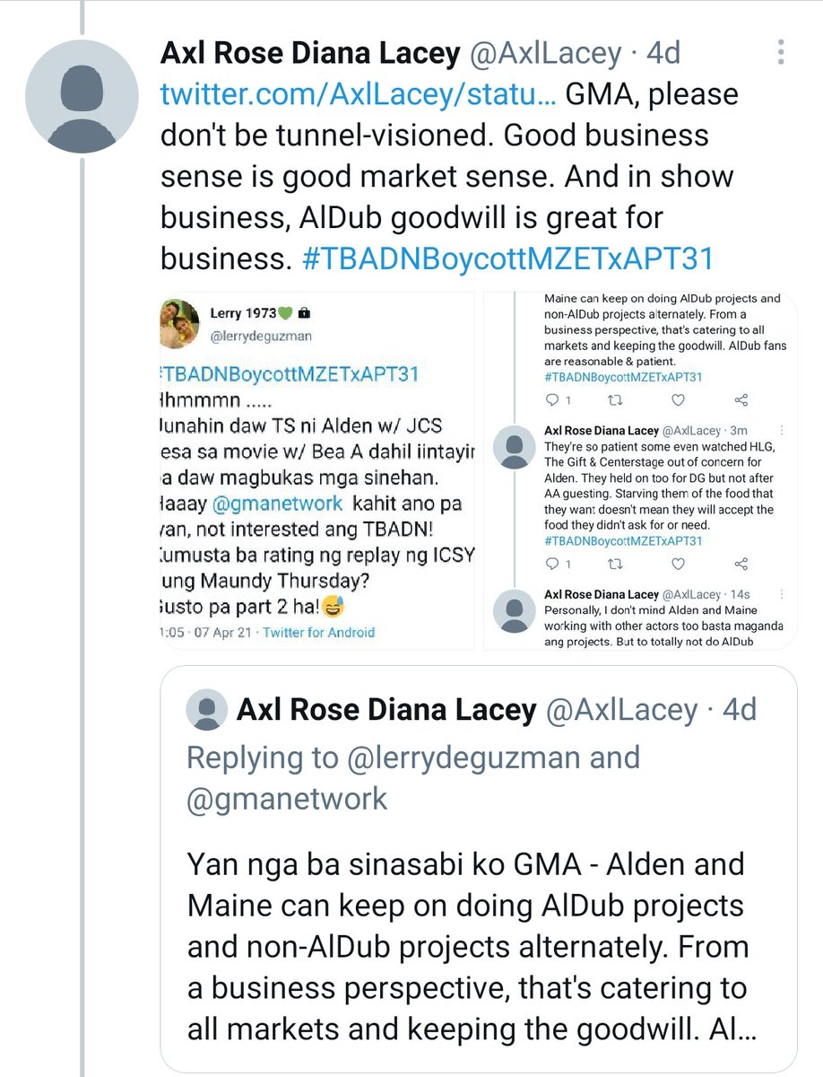  https://twitter.com/AxlLacey/status/1379736910168354821?s=19 Here are my suggestions on how Alden&Maine's managements can mend fences w/ AlDub fans. Alternate AlDub w/ non-AlDub projects. Send olive branch w/ AlDub episodes in drama anthologies. Stay away from private stuff.   #TBADNBoycottMZETxAPT36