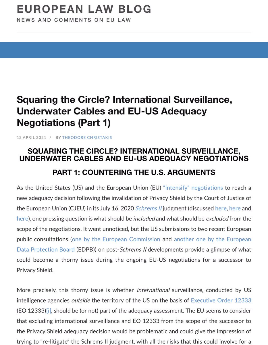 Theodore CHRISTAKIS (@tc_intlaw) on Twitter photo What is the thorniest issue in #SchremsII 🇪🇺🇺🇸 adequacy negotiations? How to resolve it? What’s the matter wth international surveillance & submarine cables?
Read my <a href="/EuropeanLawBlog/">European Law Blog</a> Article. Part1: Responses to 🇺🇸 Arguments. Part2 💣💥🕵️♂️ tomorrow 8am
👇
europeanlawblog.eu/2021/04/12/squ… What is the thorniest issue in #SchremsII 🇪🇺🇺🇸 adequacy negotiations? How to resolve it? What’s the matter wth international surveillance & submarine cables?
Read my <a href="/EuropeanLawBlog/">European Law Blog</a> Article. Part1: Responses to 🇺🇸 Arguments. Part2 💣💥🕵️♂️ tomorrow 8am
👇
europeanlawblog.eu/2021/04/12/squ…