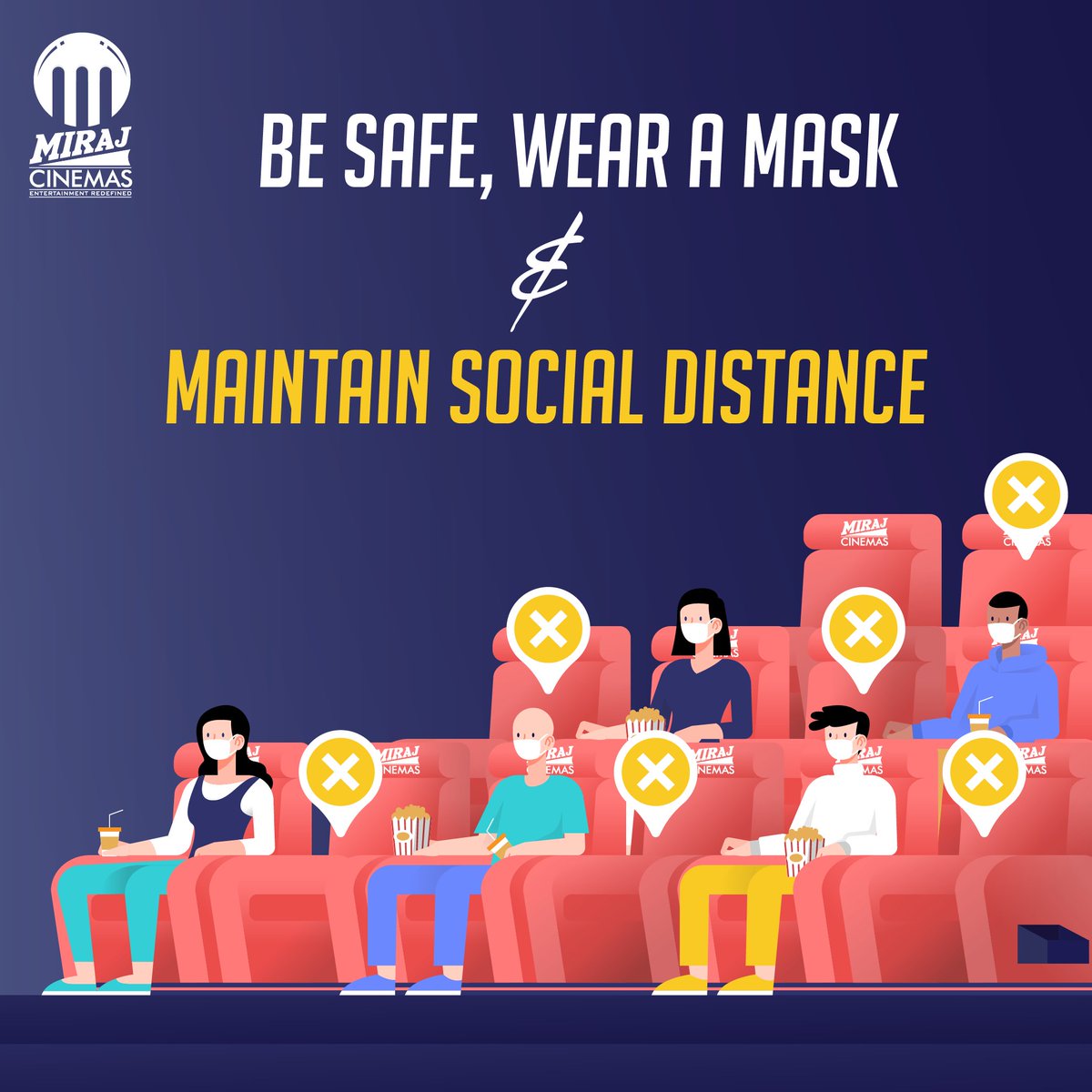 Social distancing is mandatory but we won't distance you from Entertainment and fun. 
We promise!
.
.
.
#MirajCinemas #socialdistancing
#6feet #MaximumEntertainment
#HygieneRedefined #entertainment