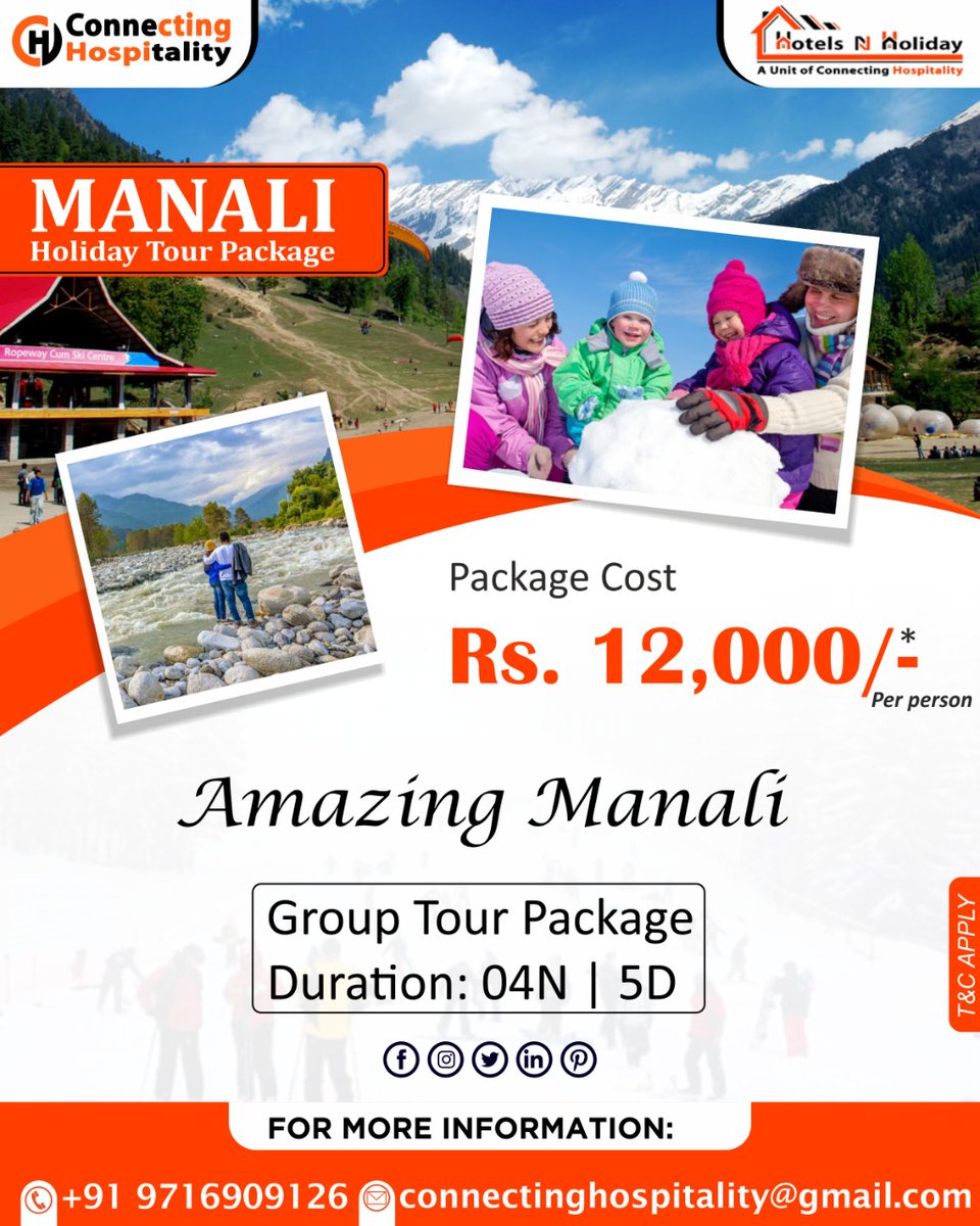 Manali Holiday Tour Package 
Package Cost Rs. 12,000/*- Per Person
Amazing Manali 
Group Tour Package 
Duration: 04 Night 05 Days 
------------------------------
.
.
#himachal #amazingmanali #manalitourpackage #manalitourism #manalitour #manali #GroupTourPackage #incredibleindia