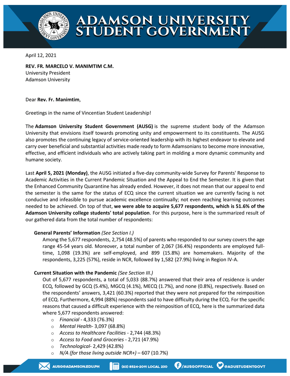 AdUStudentGovt's tweet photo. This morning, we have sent the follow-up letter of appeal to end the semester, along with the summary of the survey conducted from April 5 to April 9 for our parents' say on the matter, to the Office of the President and VPAA.
#SoaringBeyondBorders https://t.co/Q2ghO1EFa3