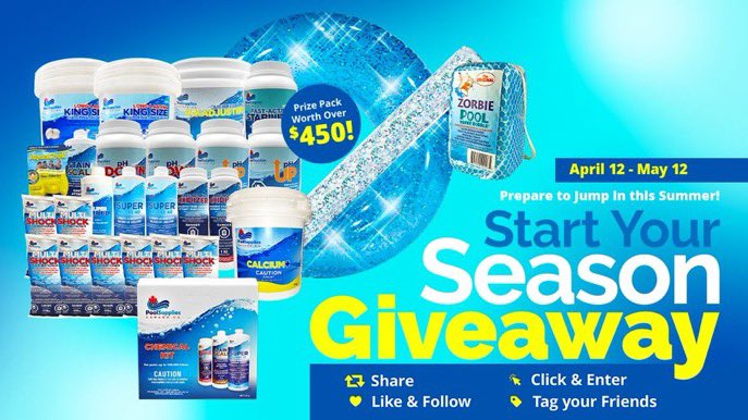 START YOUR POOL SEASON GIVEAWAY! 

1. Enter [poolsuppl.ca/3mzSMTt] for Your Chance to Win! 
2. Earn Extra Entries by Following All Social Channels⁣

Good Luck!⁣⁣!

April 12th, 2021 at 8:00 am - May 12th, 2021 at 4:59 pm. 
#Contest #PoolSuppliesCanada