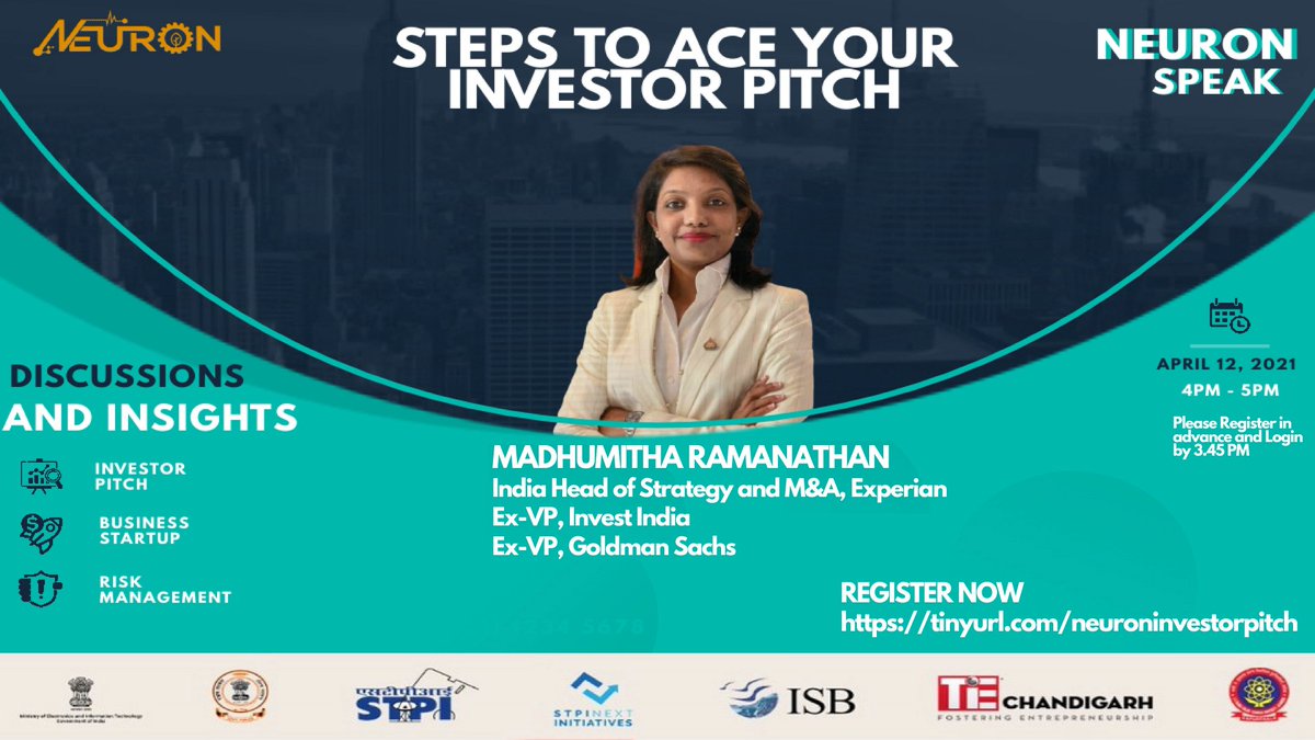 Enabling our Startups in improvising their #InvestorPitch through the #NeuronSpeak session 'Steps to Ace your Investor Pitch' from the India Head of Strategy and M&A, #Experian @MadhumithaPR at 4PM today.

#StartupIndia @GoI_MeitY @Omkar_Raii @rsprasad @stpiindia @STPIMohali