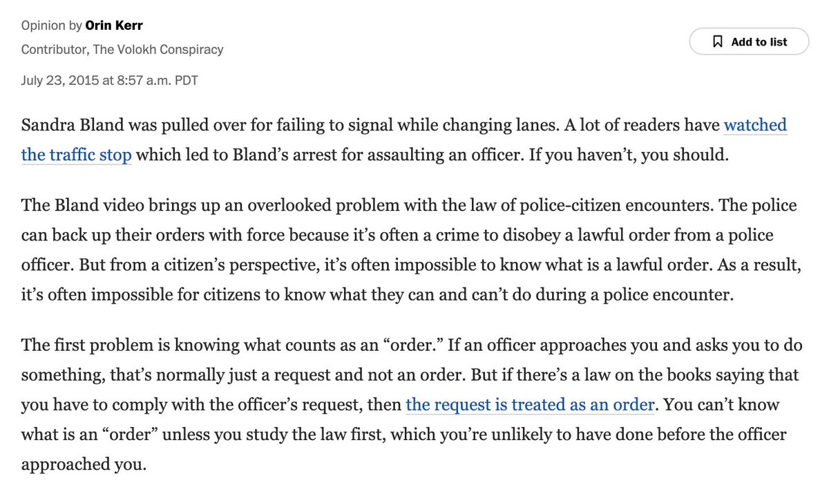There's a lot to be said about the traffic stop of Lieutenant Caron Nazario, but one of them is that it makes this 2015 blog post unfortunately relevant again:"Sandra Bland and the 'Lawful Order’ Problem." (Given the paywall, I'll include screenshots.) https://www.washingtonpost.com/news/volokh-conspiracy/wp/2015/07/23/sandra-bland-and-the-lawful-order-problem/