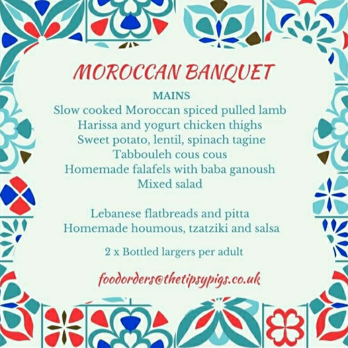 A delicious Morrocan Banquet. Delivery on Friday. £40 for 2 person box.