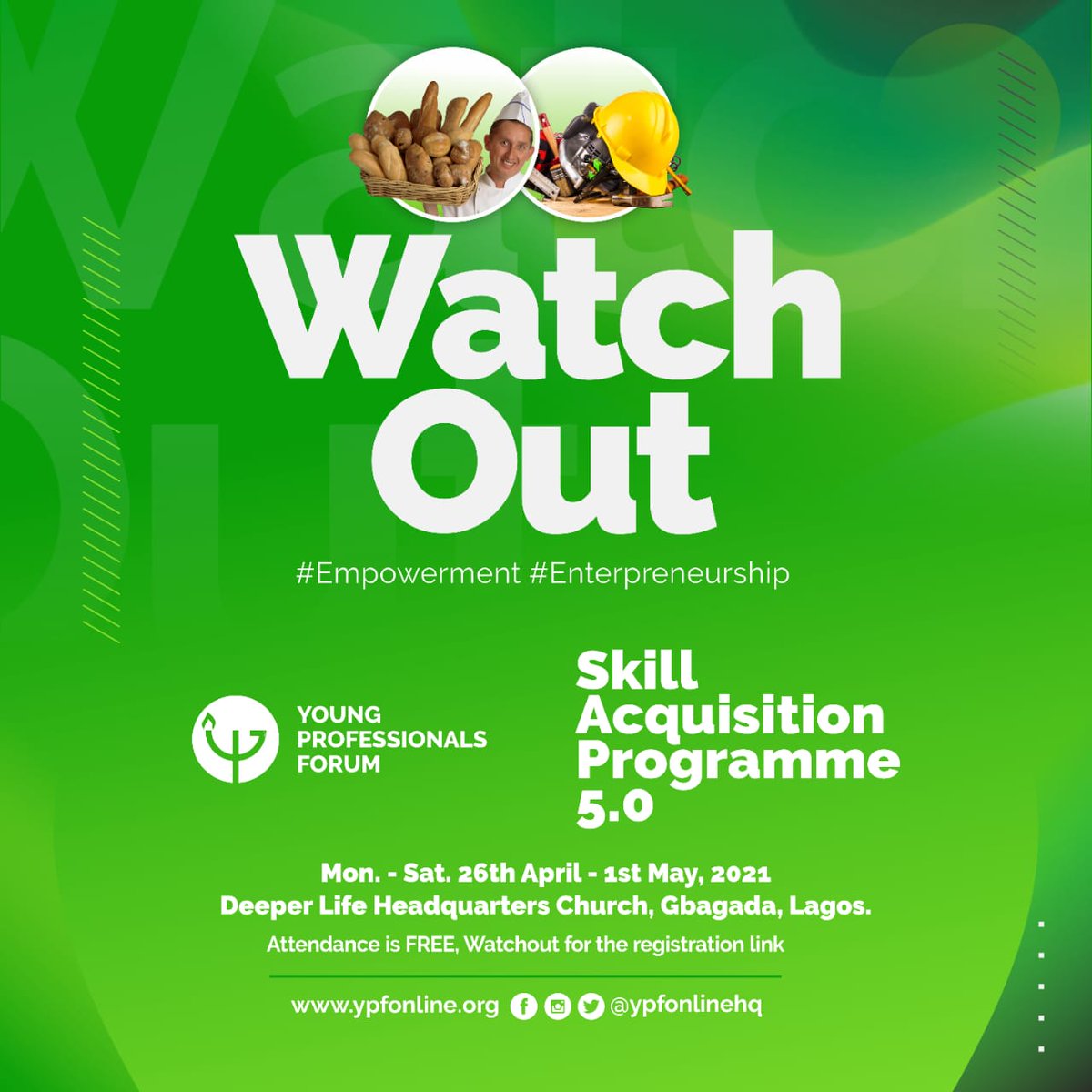 ypfonlineHQ's tweet photo. WATCH OUT!

The much awaited YPF SAP 5 is here.

Date: 26th April to 1st May, 2021.

Venue: Deeper Life Headquarters Church, Gbagada

Follow us on Social Media for more details.

Facebook, Twitter and Instagram: @ypfonlinehq

#YPF
#YPFSAP
#YPFSAP5
#YPFOnlineHQ https://t.co/s906t7kkan