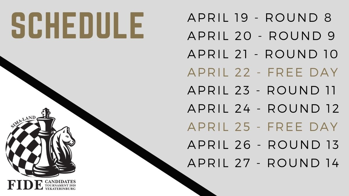 Mark your calendars for the return of the #FIDECandidates Tournament! April 19 - Round 8 April 20 - Round 9 April 21 - Round 10 * April 23 - Round 11 April 24 - Round 12 * April 26 - Round 13 April 27 - Round 14 All rounds start at 4:00 pm Yekaterinburg time (11:00 am UTC)