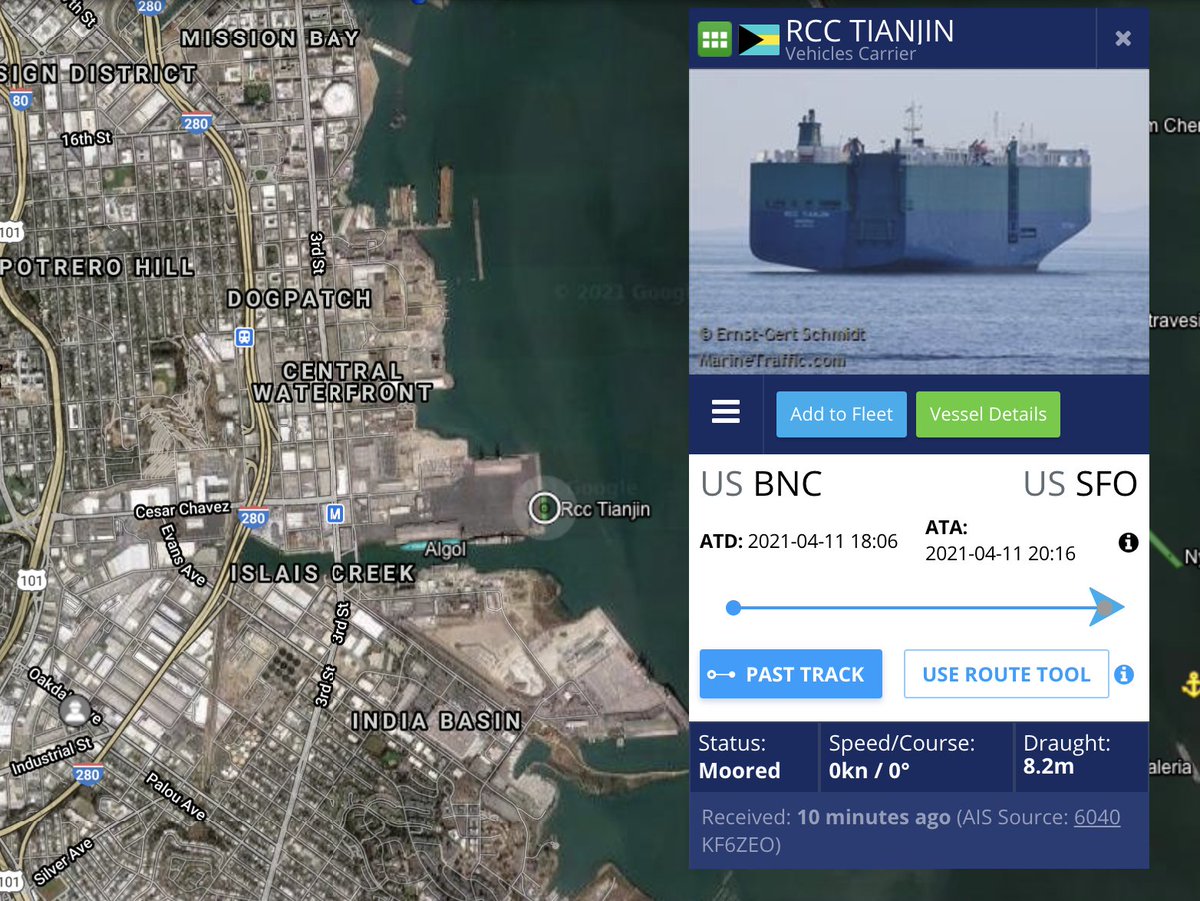  #RccTianjin has arrived at Pier 80, destination still unknown, could be South Korea.#2 ship in Q2(#2 from SFO) $TSLA  #Tesla  #Model3  #TeslaCarriers http://bit.ly/TeslaCarriers 