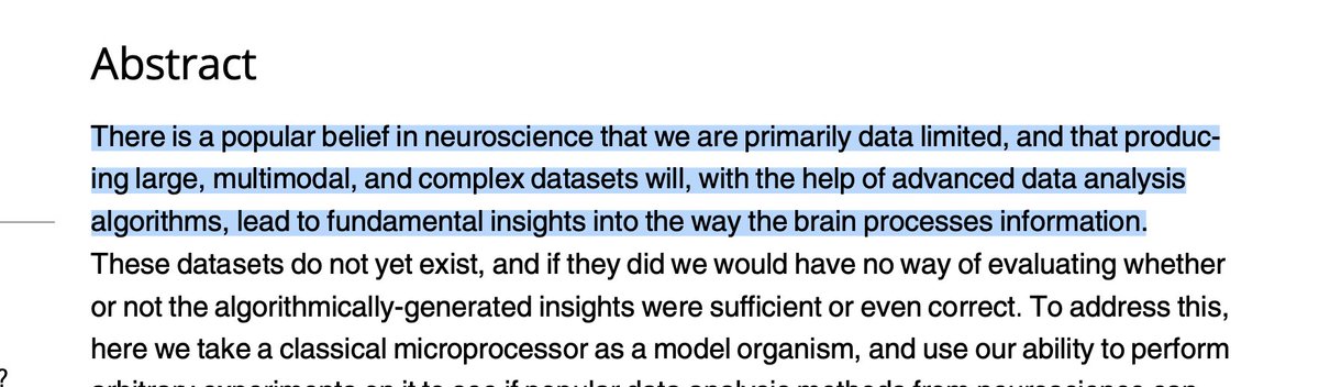 I agree that just creating more complex datasets and analytics is unlikely to result in insights we need.But in making the argument it:1. casually dismisses large body of existing knowledge2. doesn't recognize this was obtained by skillfully probing the brain   2/23
