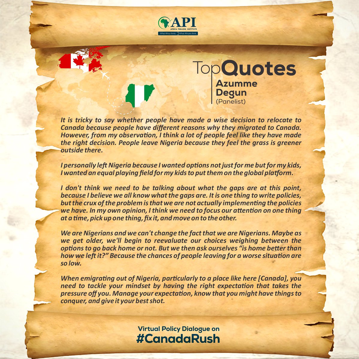 AfricaPolling's tweet photo. Excerpts from our Virtual Policy Dialogue on #CanadaRush.

Did you miss the session? 

You can watch full video here>>> https://t.co/ZxSFdOOFU3

CC: Azumme Degun (@AzummeDegun) https://t.co/lSn8ihqsfa
