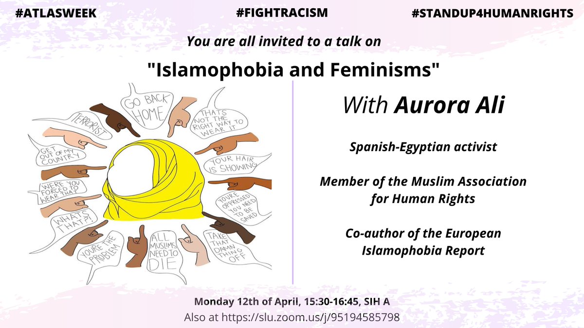 OnCrises's tweet photo. #Feminism #Feminationalism #Islamophobia
#AtlasWeek on #Racism
Today Monday 12th of April at 15:30 Madrid time
@SLUMadrid welcomes Spanish-Egyptian activist Aurora Ali for a talk about "Islamophobia and Feminisms".
Join us! https://t.co/Fnwzm6hhwm https://t.co/TE8inaWDN8