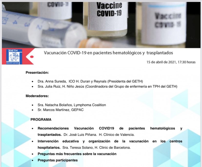 Este jueves #15Abril animaos a participar en esta sesión organizada por asociaciones de pacientes y GETH sobre la #VacunaCOVID19 en pacientes hematológicos y trasplantados! <a href="/knowyournodes/">Lymphoma Coalition</a> <a href="/TheEBMT_PAC/">EBMT Patient Advocacy Committee</a>  <a href="/GEPAC_/">GEPAC</a> <a href="/HemaClinicoVLC/">HematoClinicoVLC</a> Inscribete geth-es.zoom.us