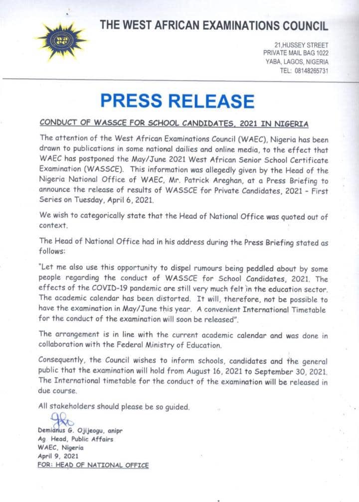 Update! 2021 WASSCE scheduled to commence August 16 2021..