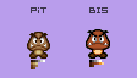 Goombas in PiT have pretty dull colors, and they have a deeper frown.The BIS version is more vibrant, and a little rounder. Also, there's now a space between the two brows, instead of looking like a uni-brow. Which, you know, I don't think it's NECESSARILY better. Just sayin'.